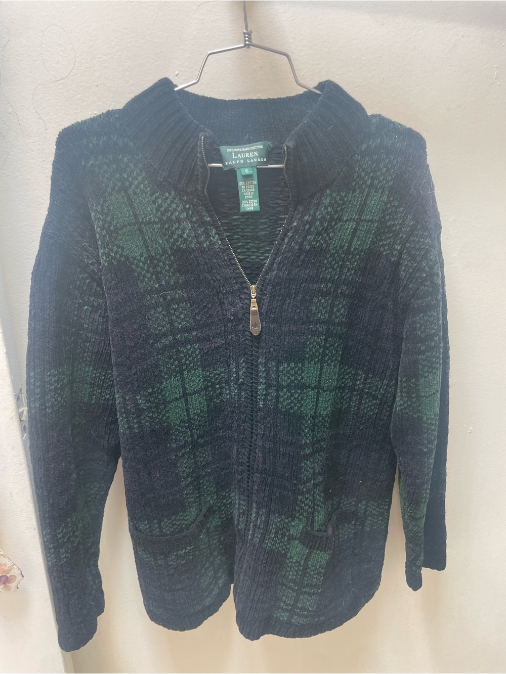 Lauren Ralph Lauren Navy and Green Plaid Zip Cardigan hand knit vintage